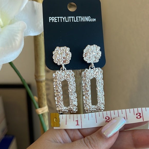 Silver Textured Rectangle Earrings - Picture 3 of 3